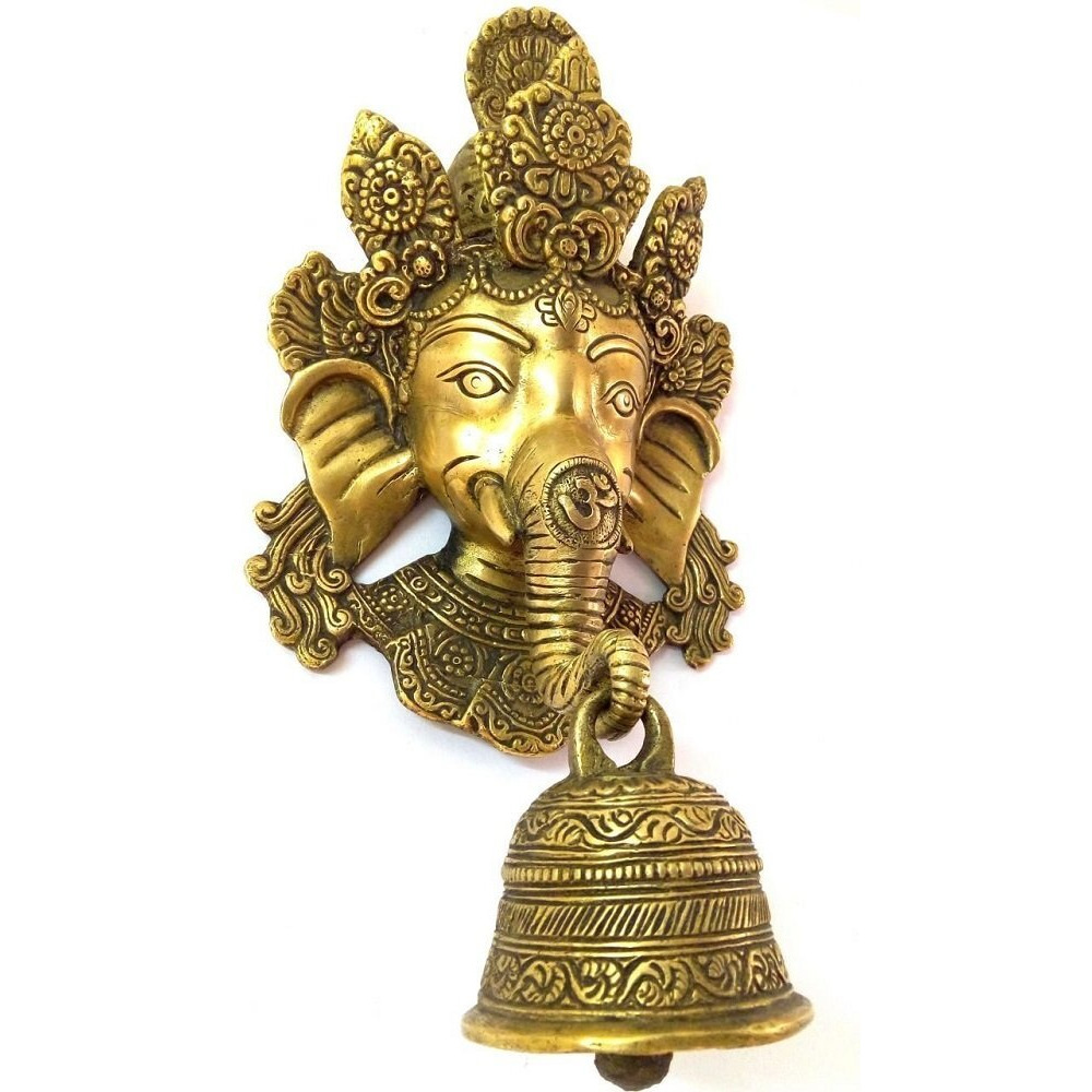 Artvarko Brass Murti Lord Ganesh Wall Decoration for Home with Elephant Bell Ganti on Trunk Ganesha Height 10 Inch Gold Color