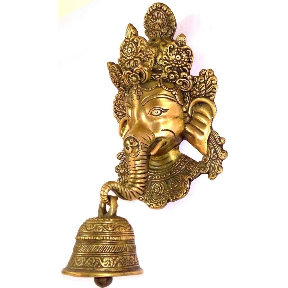 Artvarko Brass Murti Lord Ganesh Wall Decoration for Home with Elephant Bell Ganti on Trunk Ganesha Height 10 Inch Gold Color