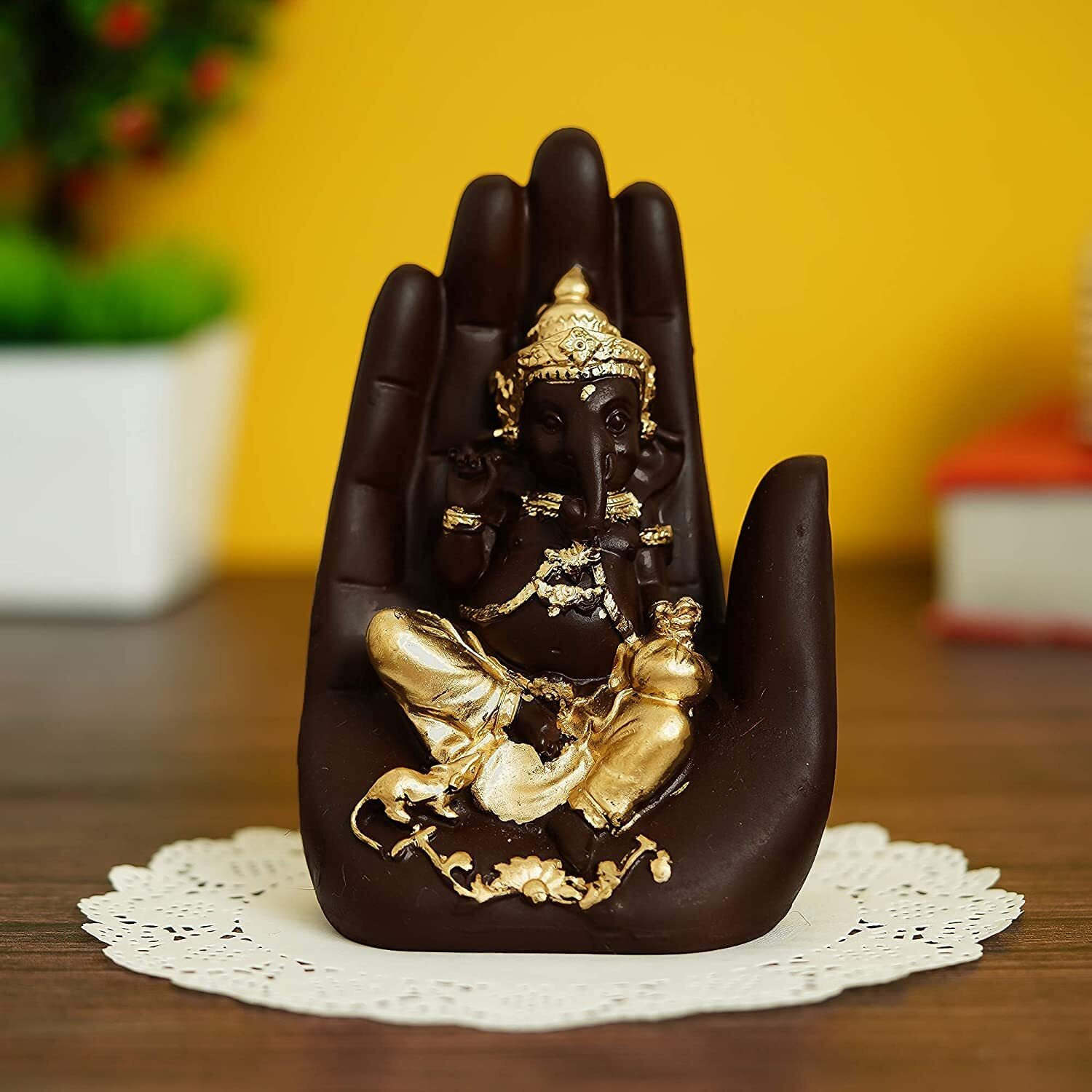 SkyKey Polyresin Palm Lord Ganesha Idol/Showpiece/DIY for Home Office Table Decor (Brown Ganesh)