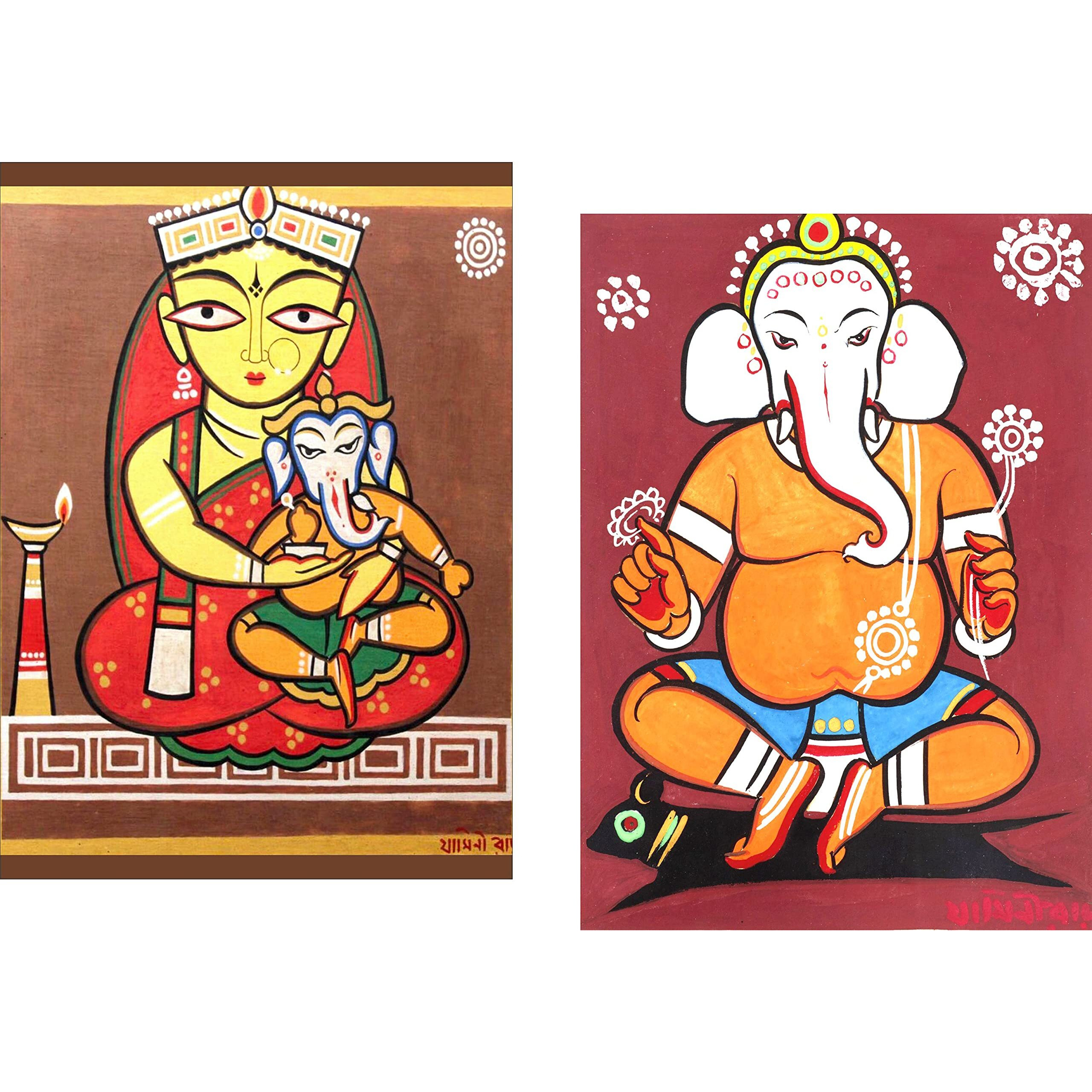 Adventures *Ganesh-Parvati*- Two Paintings by Jamini Roy, Set of 2 Wall Dcor Frame. Canvas Print stretched on Pinewood Frame. Size 14x18 each.