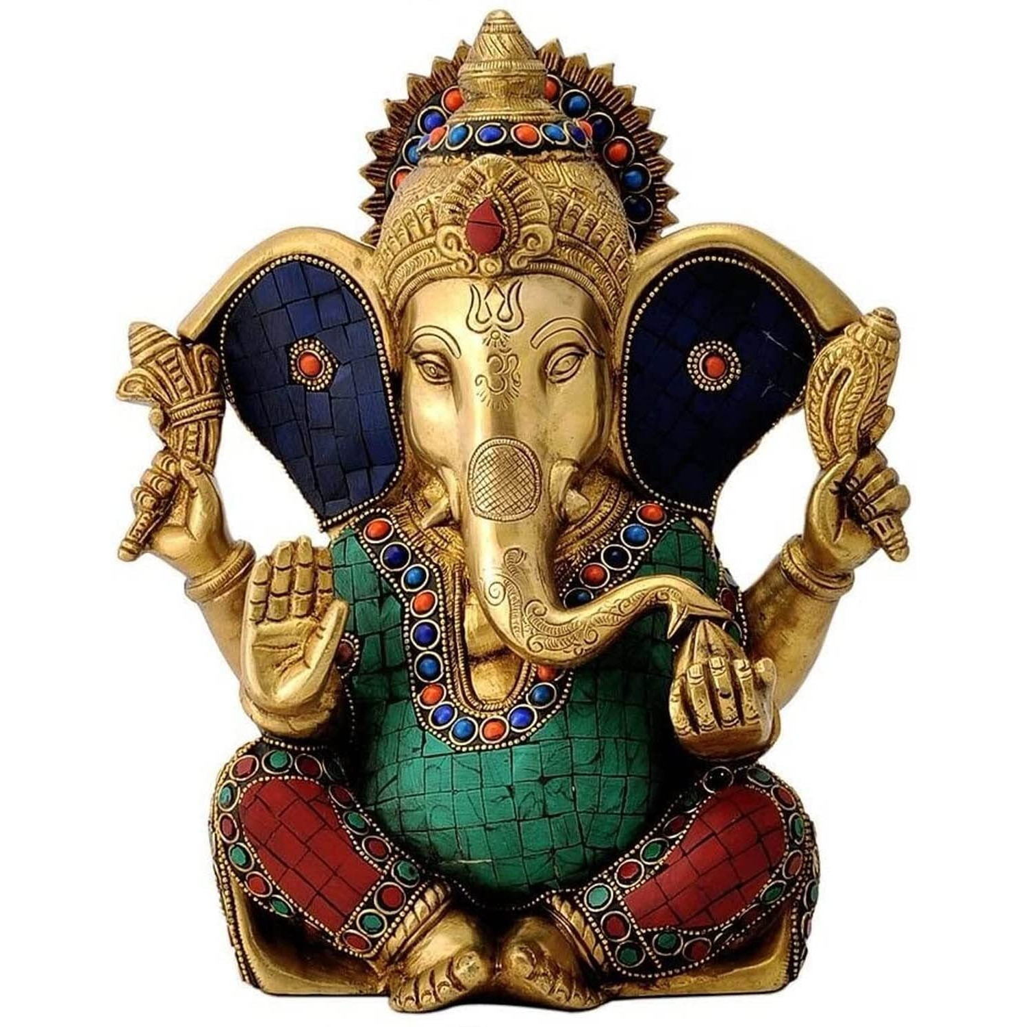 CraftVatika Colourful Large Ganesh Brass Action Idol Statue Puja Home Decor Gift Diwali Wedding Anniversary, 22.9 Centimeters