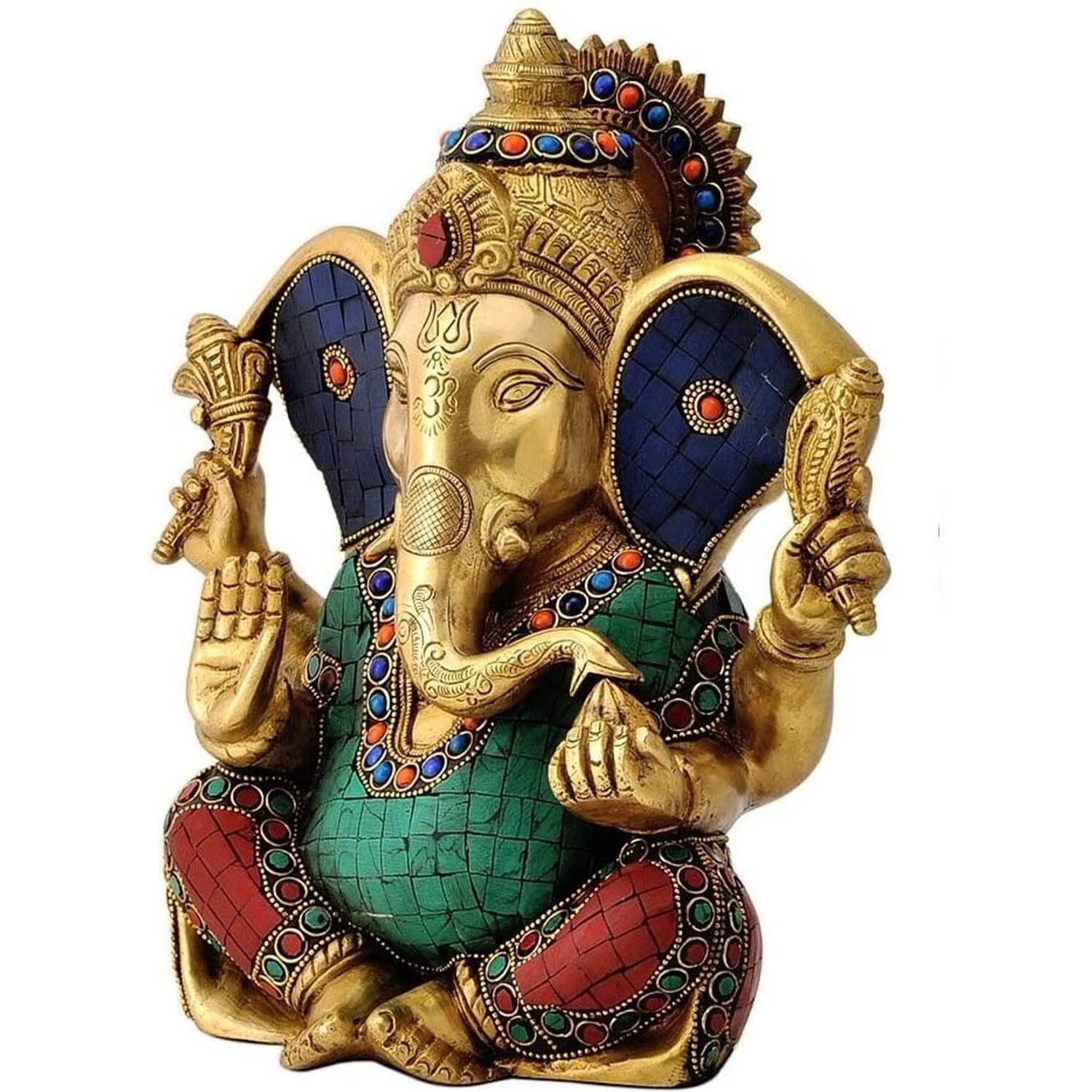 CraftVatika Colourful Large Ganesh Brass Action Idol Statue Puja Home Decor Gift Diwali Wedding Anniversary, 22.9 Centimeters