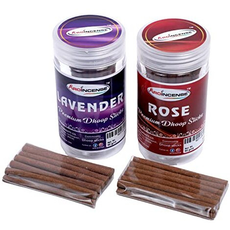 Aroincense Rose and Lavender Dhoop Sticks for Pooja/Ganesh Chaturthi/Navratri/Diwali - 100% Charcoal-Free and Bamboo-Less with 4 Dhoop Holders, 2x50g Pack, 45+ min Burn Time