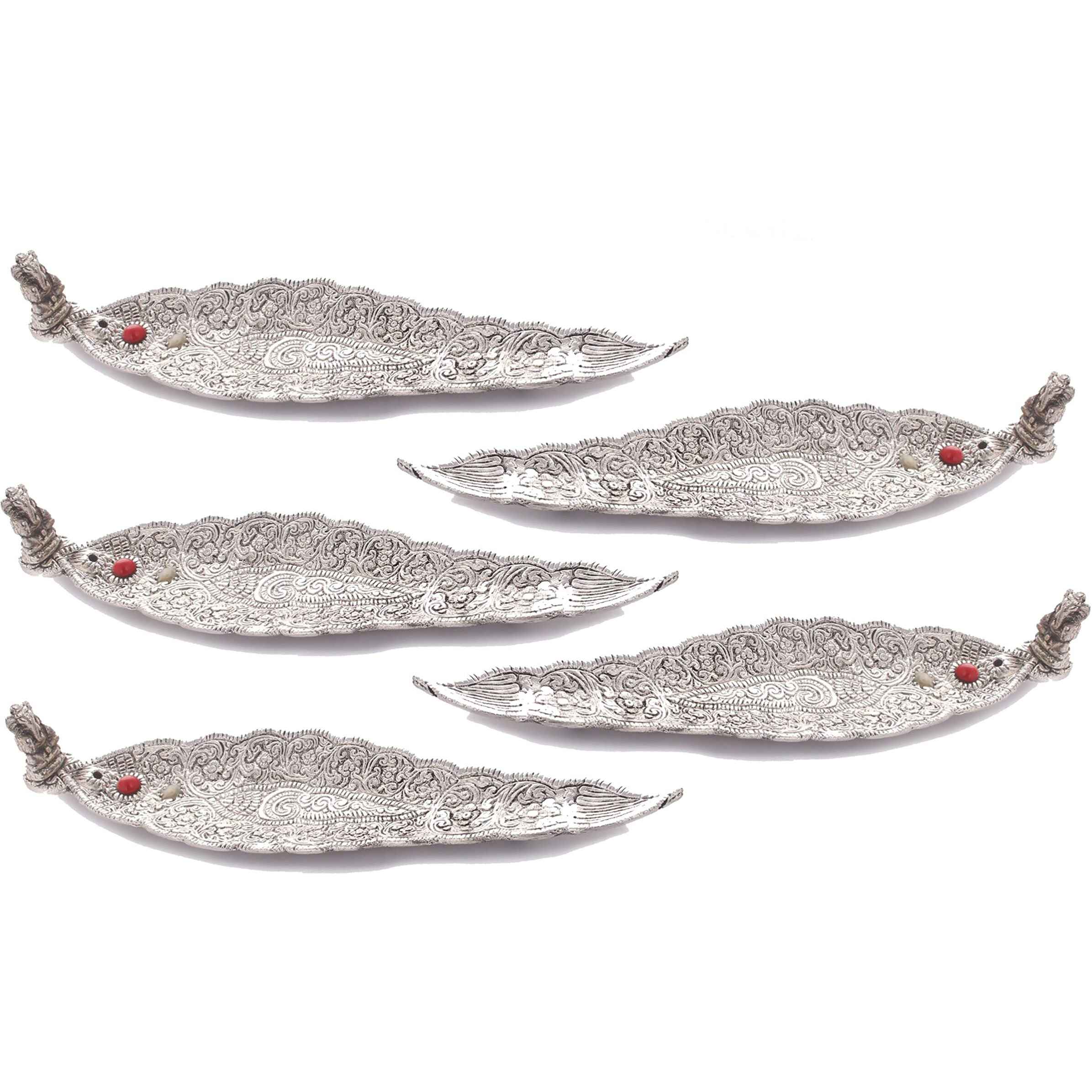 Crafticia Aluminum Incense Holder & Ash Catcher Agarbatti Stand Set of 5 Featuring Ganesh Figurine (9x2 inch, Silver)