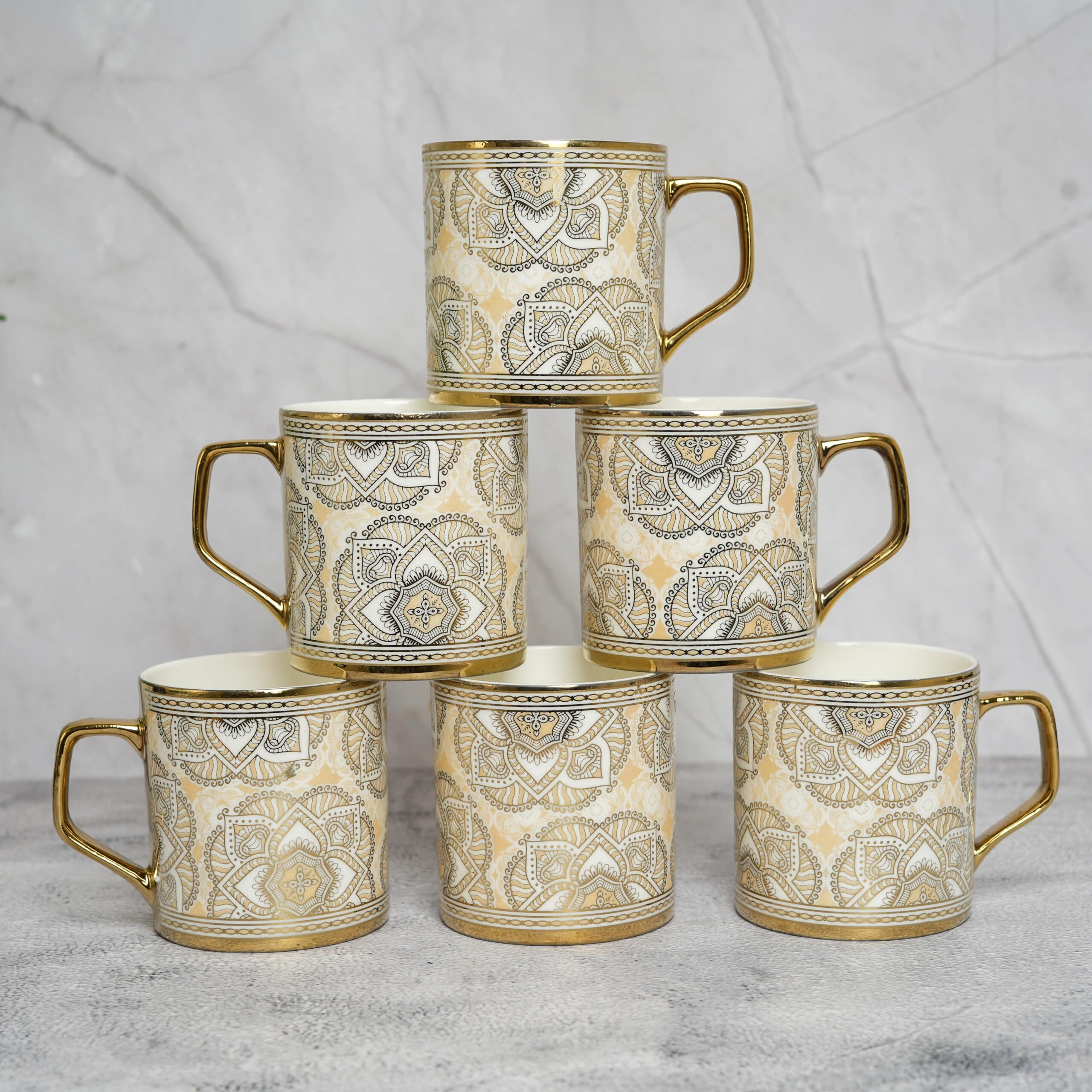 Femora Luxury Mehendi Craft Ceramic Tea and Coffee Mugs, (180 ml, Golden) - 6 Pcs Set (NOT Microwave Safe)