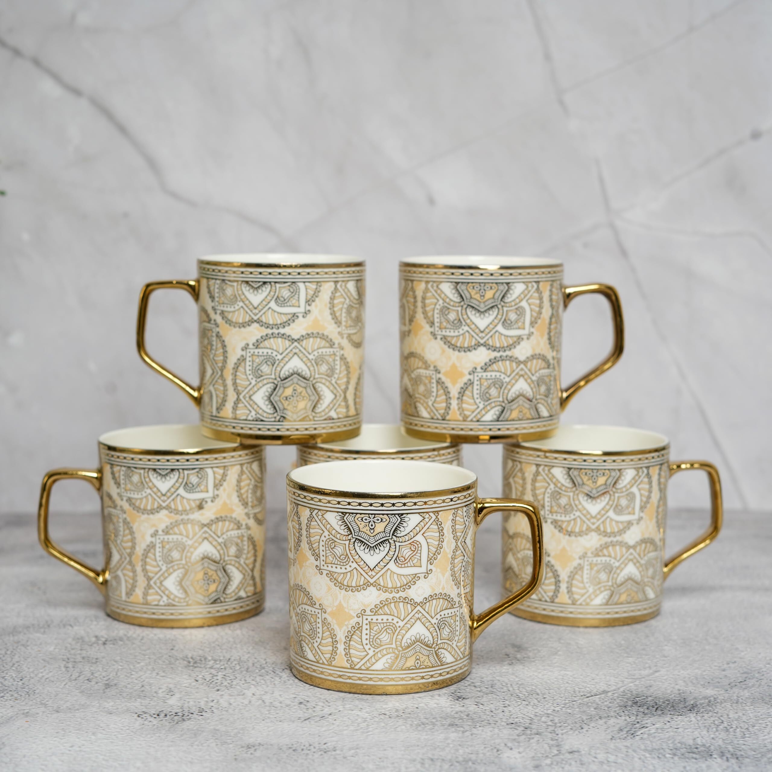 Femora Luxury Mehendi Craft Ceramic Tea and Coffee Mugs, (180 ml, Golden) - 6 Pcs Set (NOT Microwave Safe)