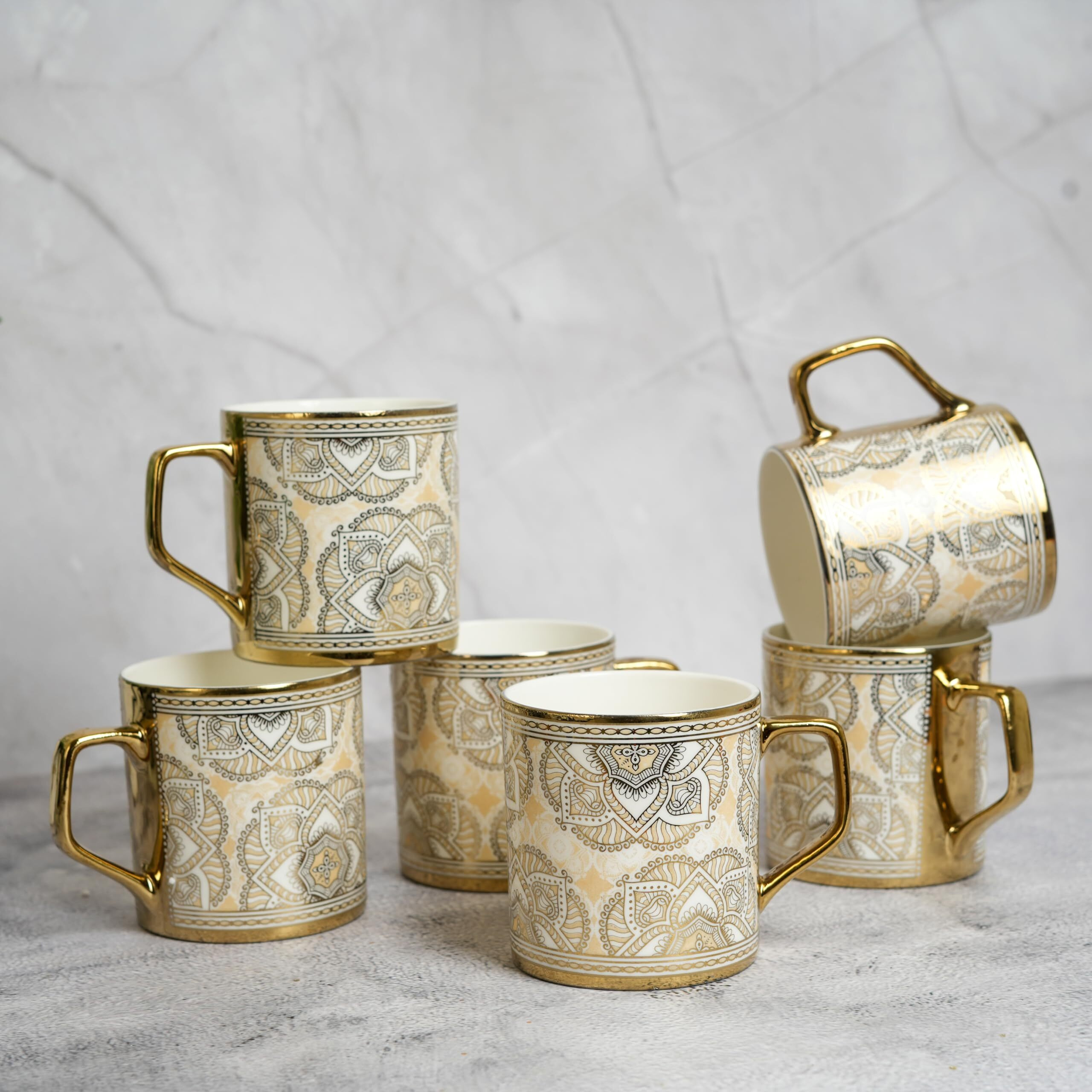 Femora Luxury Mehendi Craft Ceramic Tea and Coffee Mugs, (180 ml, Golden) - 6 Pcs Set (NOT Microwave Safe)