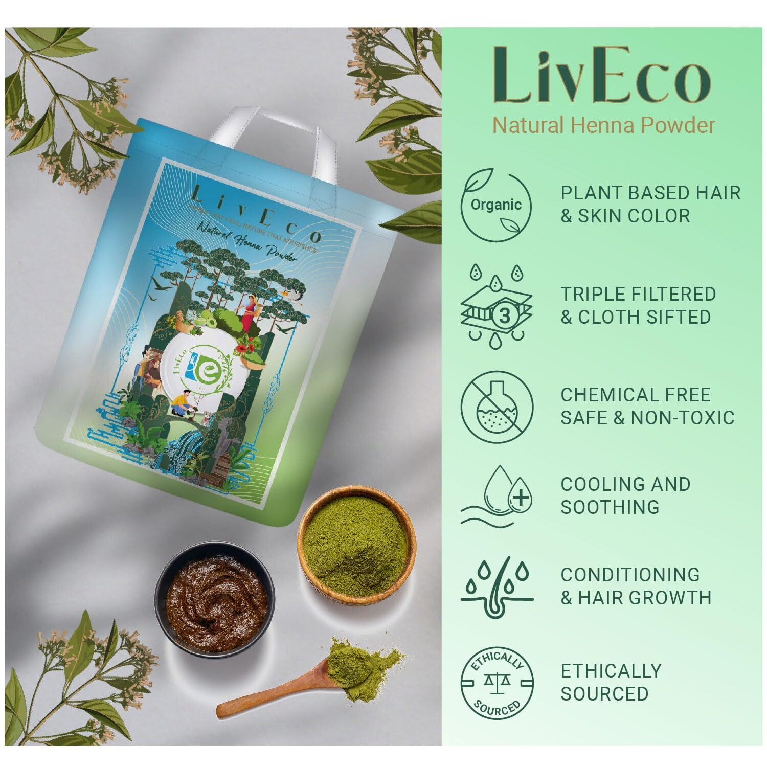 LivEco Natural Henna Powder for Hair | Mehandi Powder For Pure Organic Nat Hair Color & Mehndi Design On Hand/Feet | Body Art Quality, with a Mehendi Applicator Brush Kit, 1.5Kg