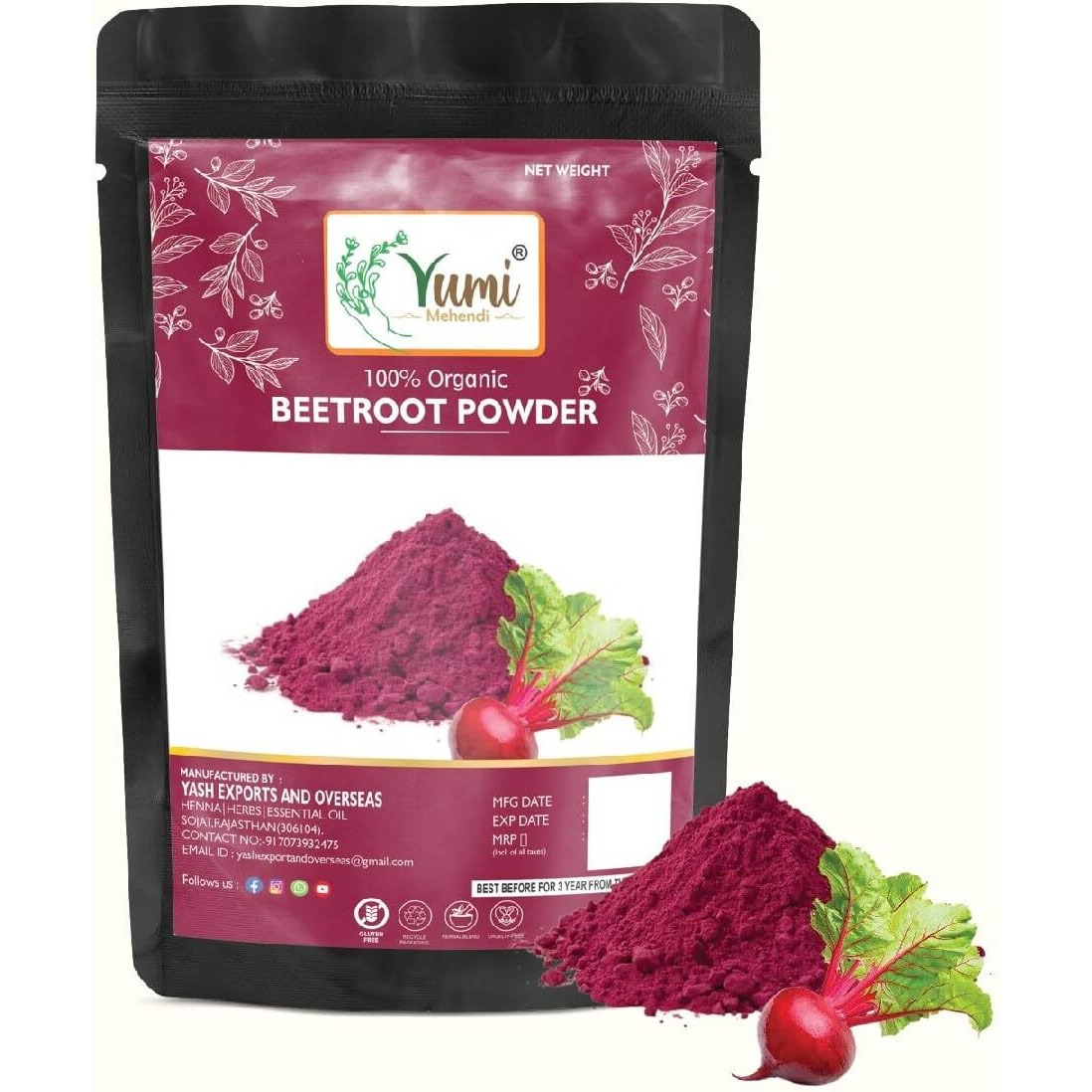 Yumi Mehendi Organic Natural Mulethi Powder For Face Pack, Hair Pack, Pure Fullers Earth For Soft and Glowing Skin, Bentonite Clay - 100g (Beetroot)