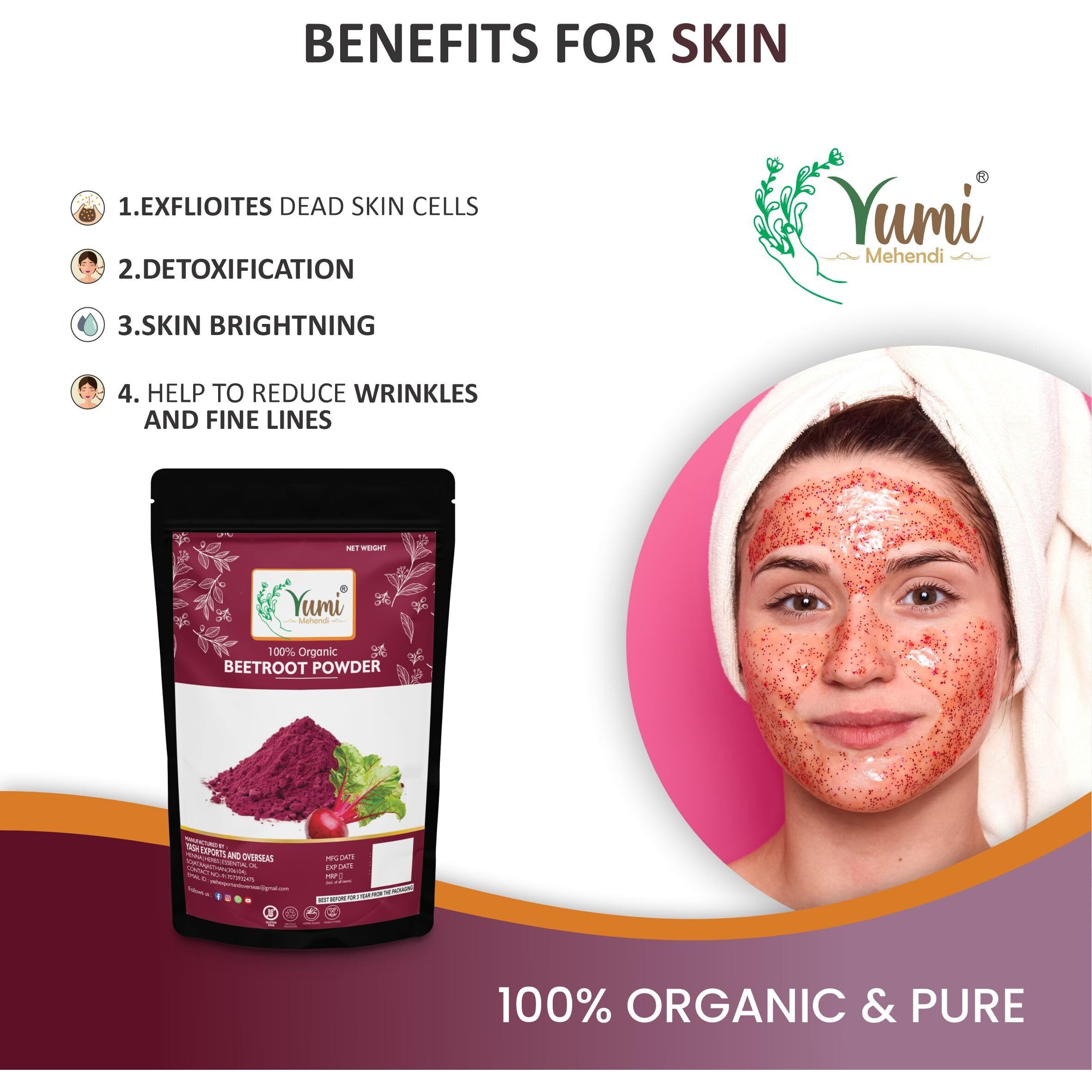 Yumi Mehendi Organic Natural Mulethi Powder For Face Pack, Hair Pack, Pure Fullers Earth For Soft and Glowing Skin, Bentonite Clay - 100g (Beetroot)