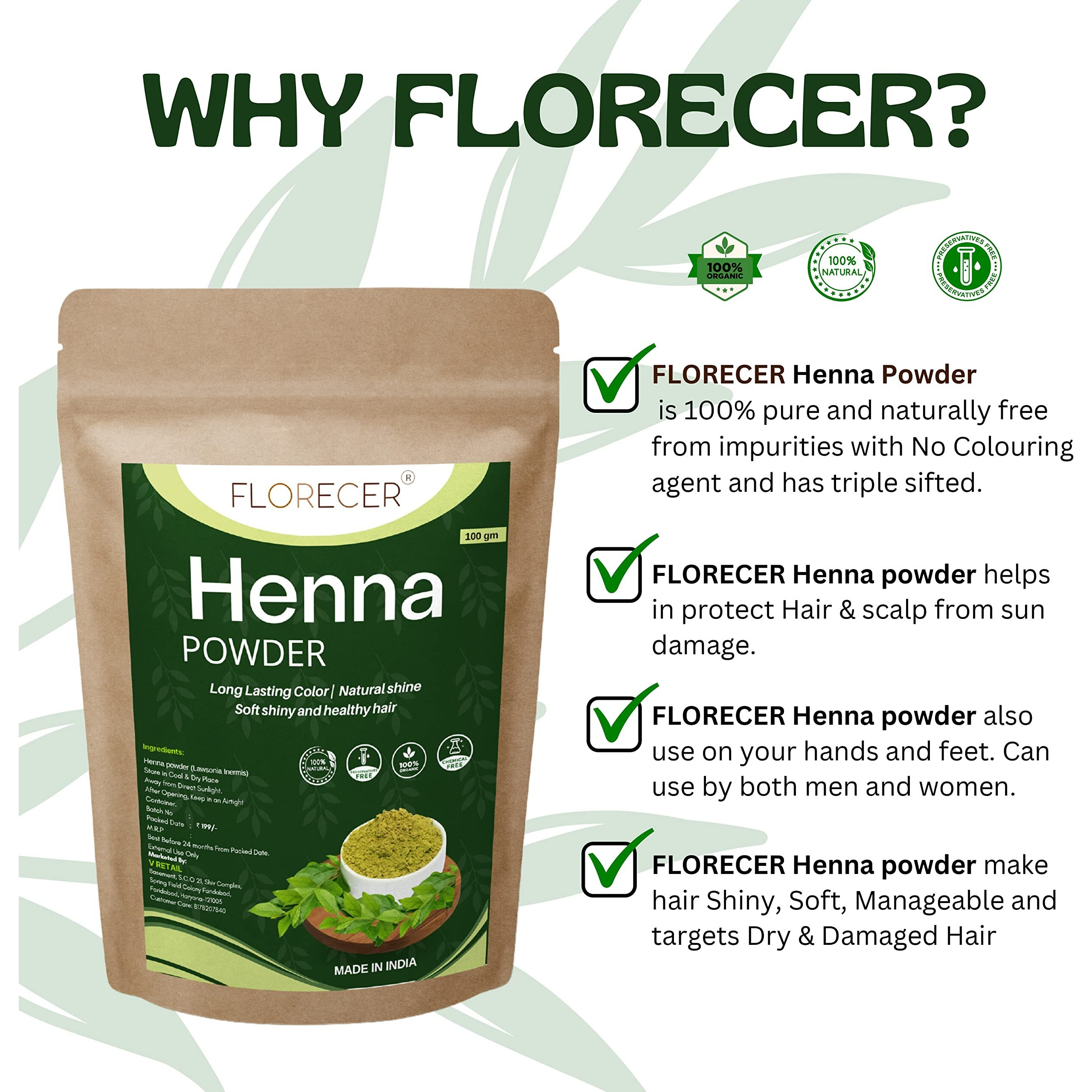 Florecer Henna Powder For Hair | Hair Colour | Mehendi Powder For Hair | Hands And Feet | Organic | Pure And Natural| Men And Women | Triple Sifted -100 Grams