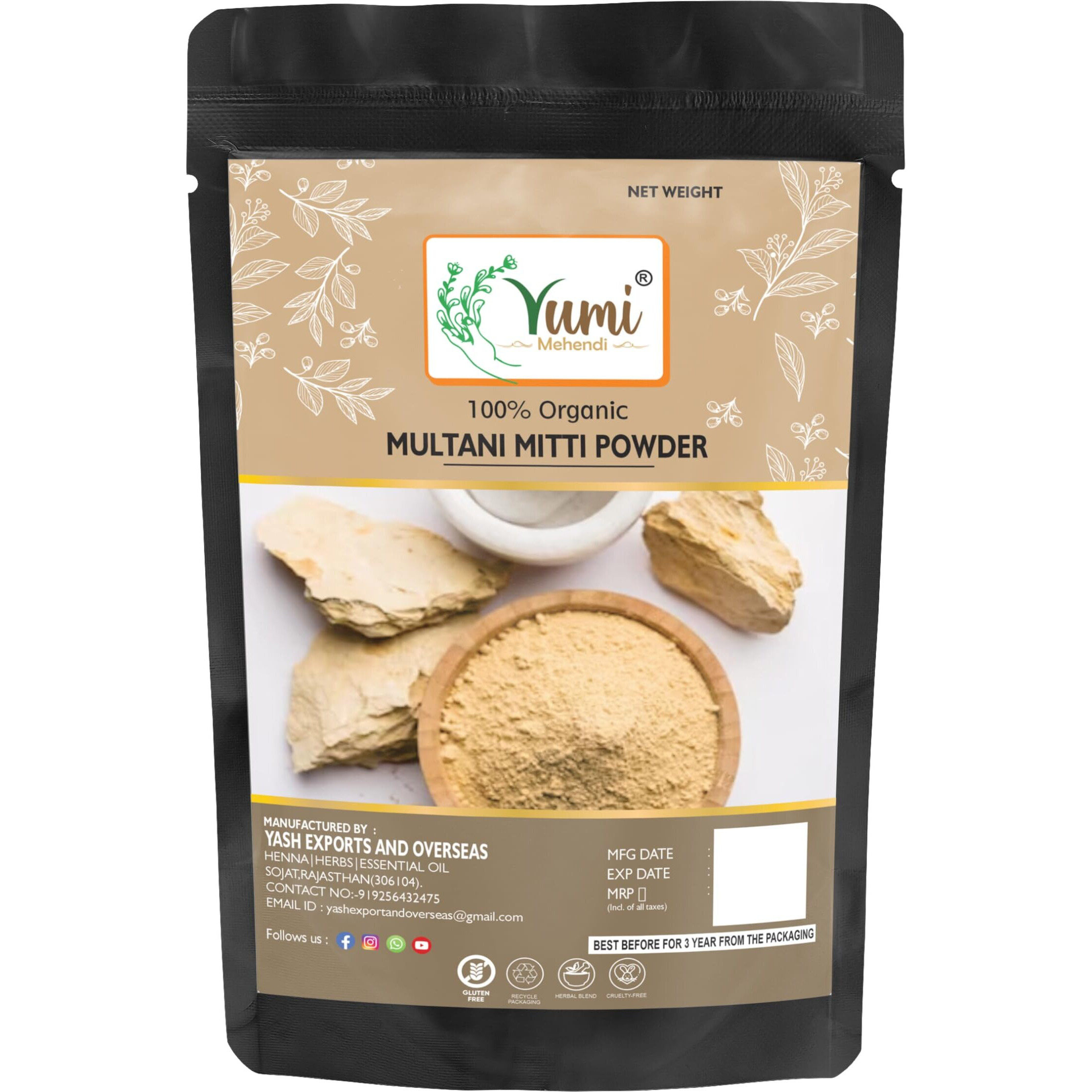 Yumi Mehendi Organic Natural Mulethi Powder For Face Pack, Hair Pack, Pure Fullers Earth For Soft and Glowing Skin, Bentonite Clay - 100g (Multani Mitti)