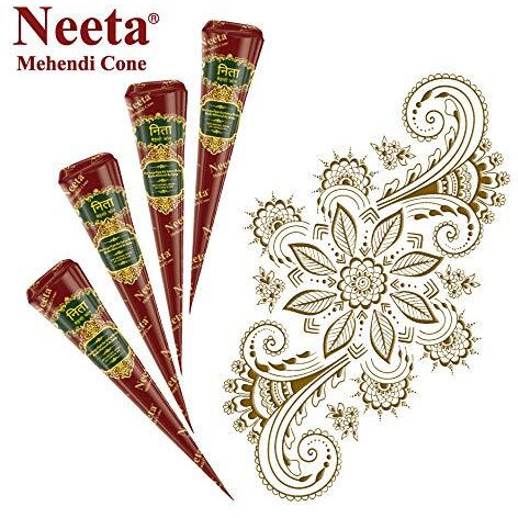 Neeta Mehendi Cones for Hand, Bridal Mehndi Cones, Natural Mehendi Cone for Wedding, Hand Designing, Reddish Brown Color Niddle Cones for Women 4 Pc in 1 Box (Pack of 4)