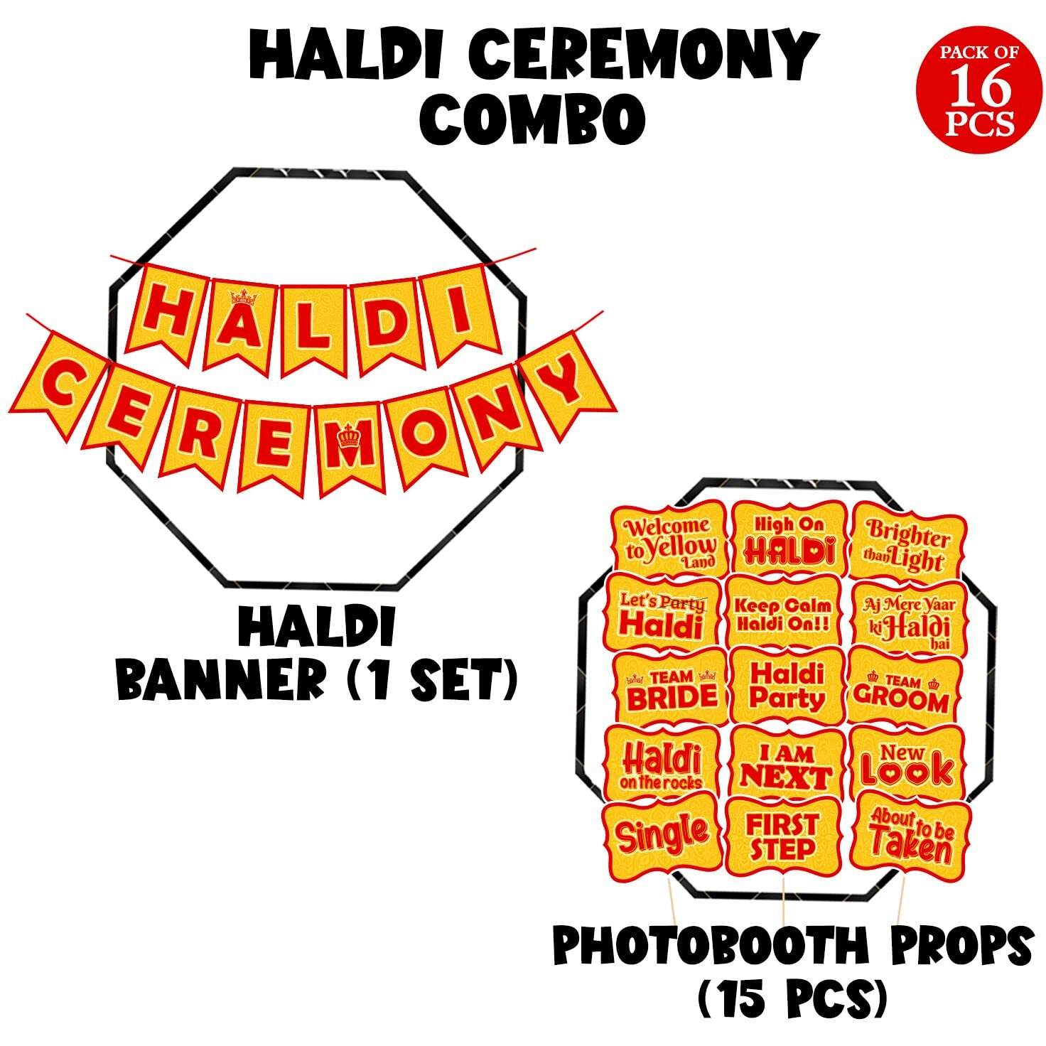 Zyozique 15 Pcs Mehandi Props for Photoshoot & 1 Pcs Haldi Ceremony Paper Banner Haldi Props for Bride and Family Haldi for Haldi Ceremony Mehendi Backdrop Decoration (Pack of 16)