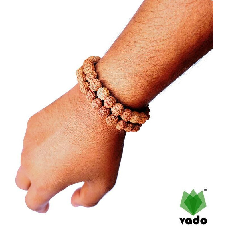 Vado Rudraksha Bracelet, Stretchable Energized Wrist Band with 5 Mukhi Natural Rudraksh Beads Pack of 2 (9MM, Brown)