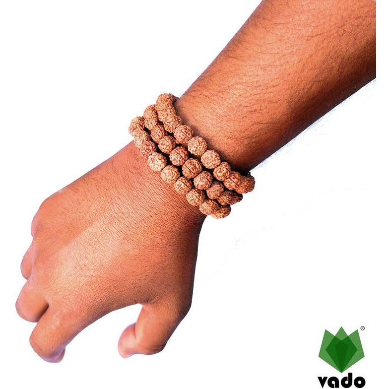 Vado Rudraksha Bracelet, Stretchable Energized Wrist Band with 5 Mukhi Natural Rudraksh Beads Pack of 3 (9MM, Brown)