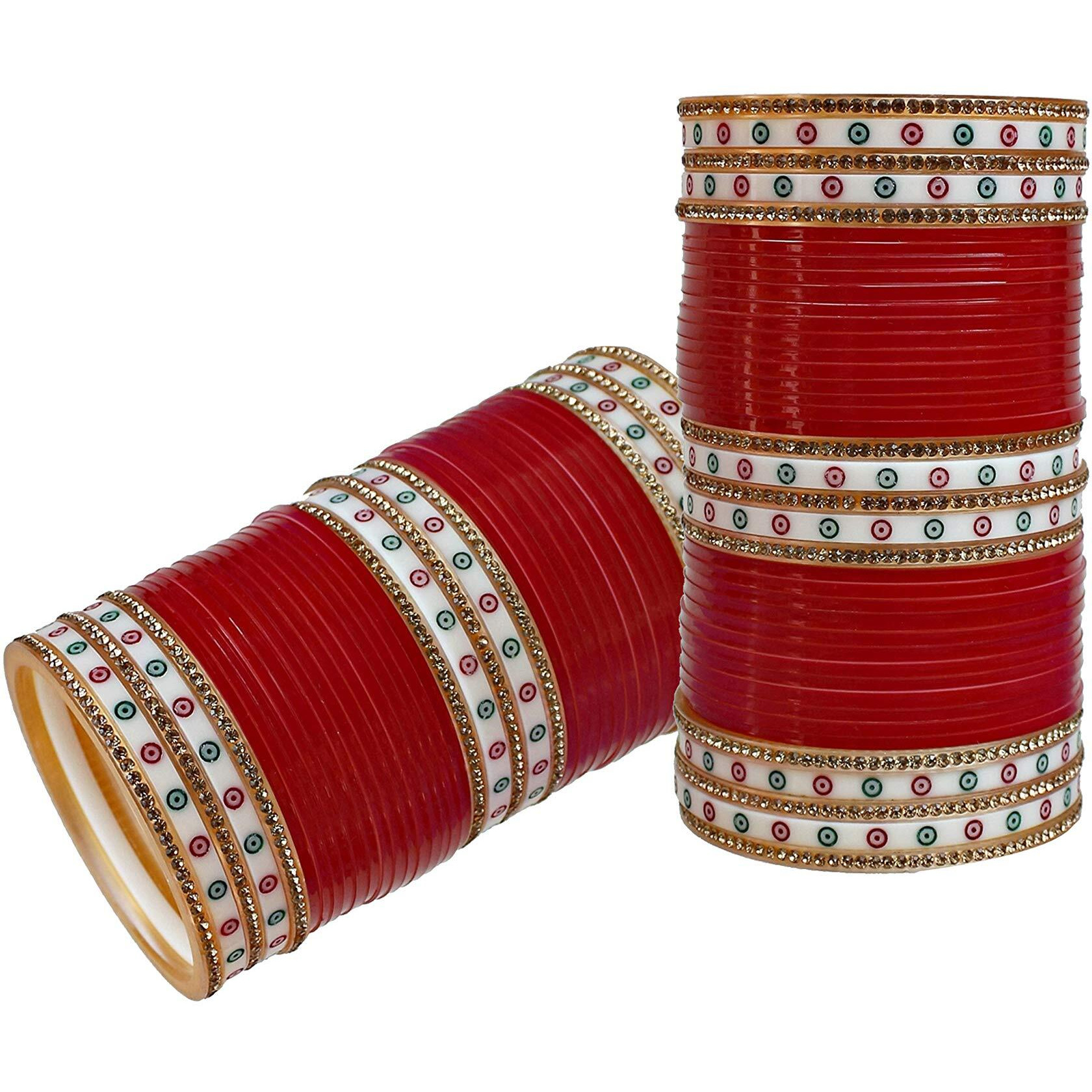 Lucky Jewellery Bridal Bangle Set Wedding Punjabi chuda Designer chura Non-Precious Metal CZ Stone Red Color choora Set for Women (792-M1C1-LEENA-R2.10)