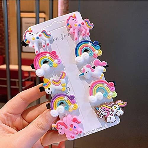 SHINAZ Unicorn Hairpin with Alligator/Clips for Baby Girls/Unicorn Rainbow Clip/Soft Clip/Hair Clips Pins/Hair Accessories for Girls, Multicolour (Pack of 10)