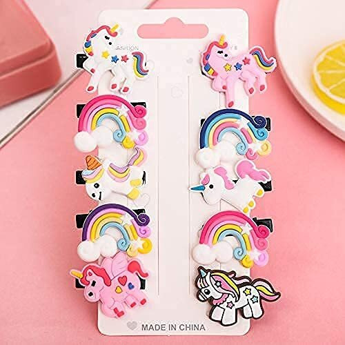 SHINAZ Unicorn Hairpin with Alligator/Clips for Baby Girls/Unicorn Rainbow Clip/Soft Clip/Hair Clips Pins/Hair Accessories for Girls, Multicolour (Pack of 10)