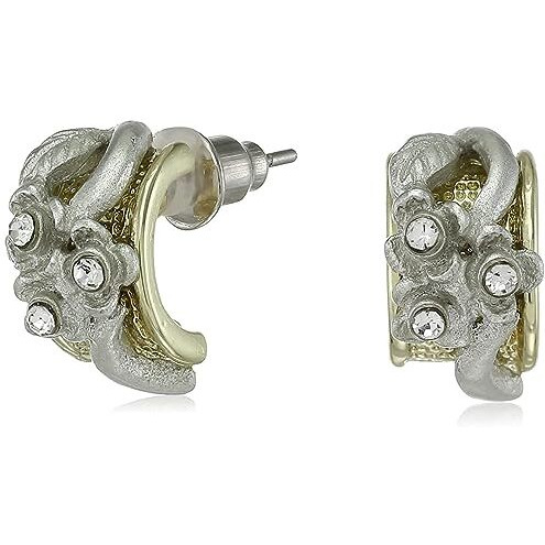 Estele 24Kt Gold & Rhodium Plated Floret Half Hoop Stud Earrings for Women with Austrian Crystals