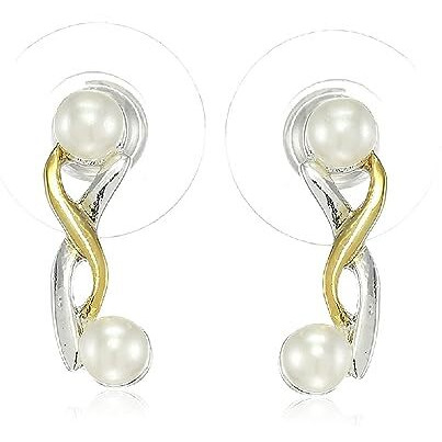 Estele 24kt Gold & Rhodium Plated Dual Tone Abstract Pattern Stud Earring with Glowing Pearls for Women, One Size