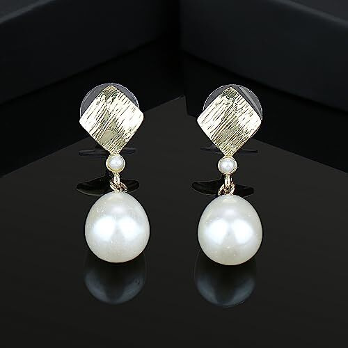 Estele 24 Kt Gold Plated Textured Diamond pearl Drop Earrings For Girls