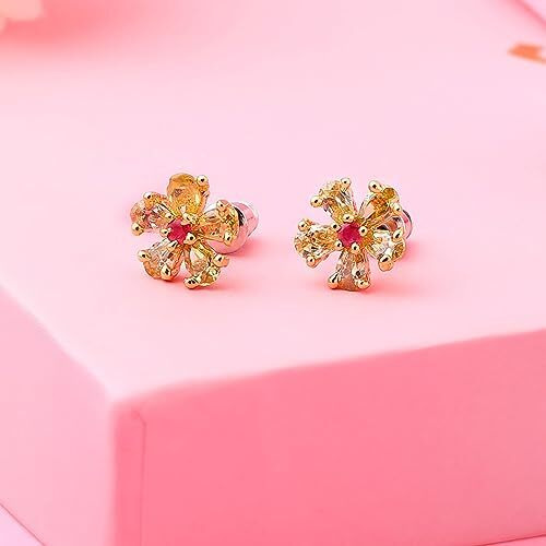 Estele 24kt Gold Plated Topaz Pears Stud Earrings with Ruby Crystals for Women