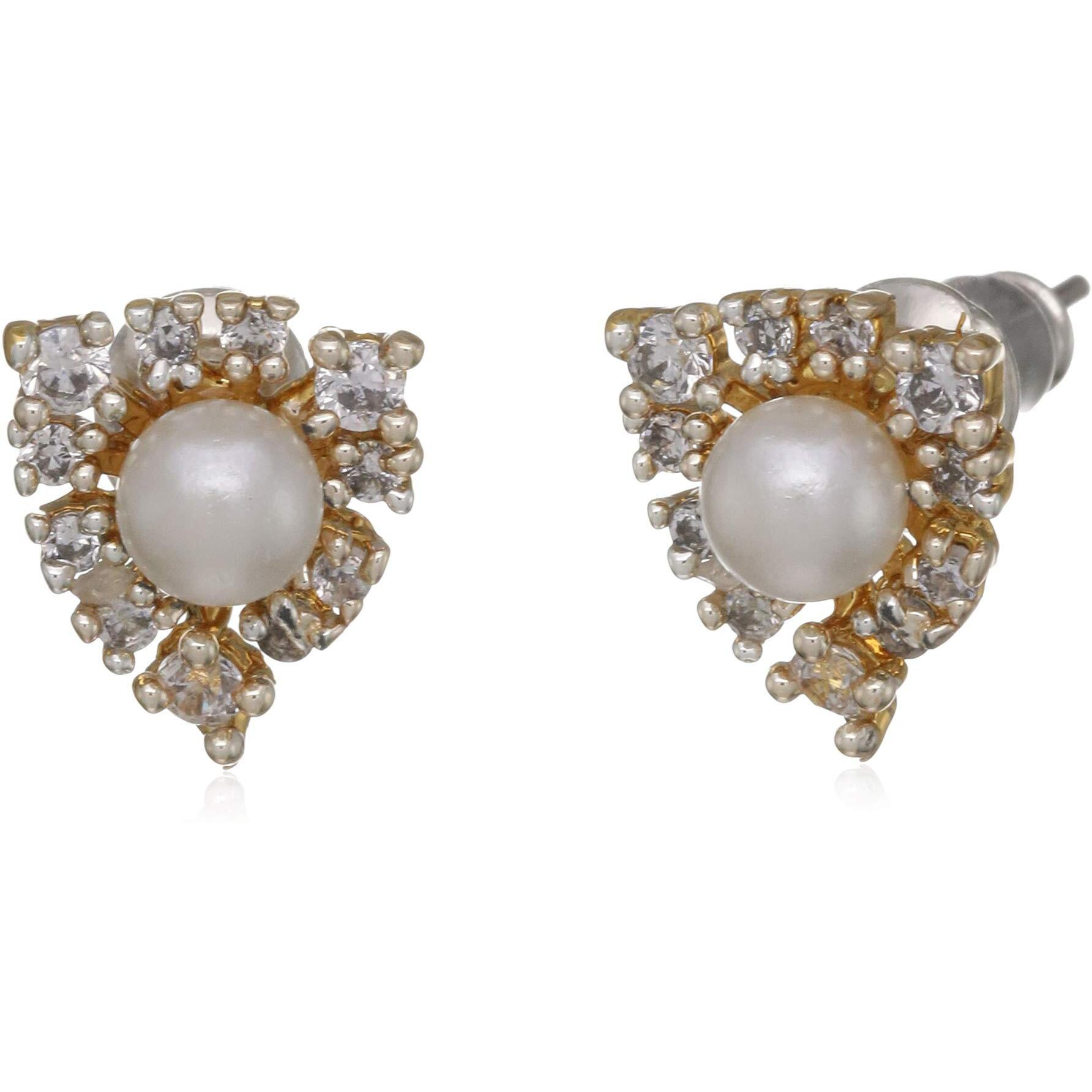 Estele 24 Kt Gold And Silver Plated American Diamond Drop Pearl Stud Earrings For Women