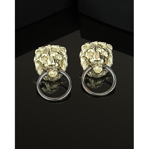 Estele 24 Kt Gold Plated Designer Lion Black Ring Stud Earrings For Women