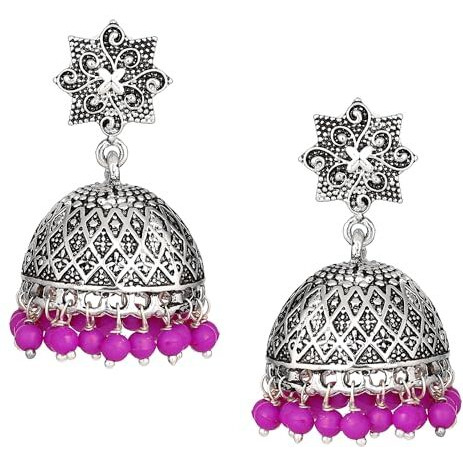 Estele Oxidised Silver Plated Traditional Metal Brass Jhumki With Pink Beads Drop Earrings For Women