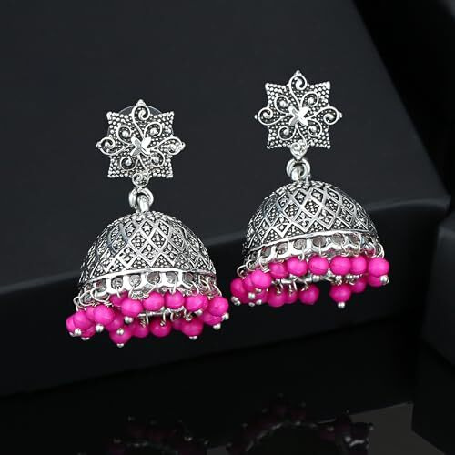 Estele Oxidised Silver Plated Traditional Metal Brass Jhumki With Pink Beads Drop Earrings For Women