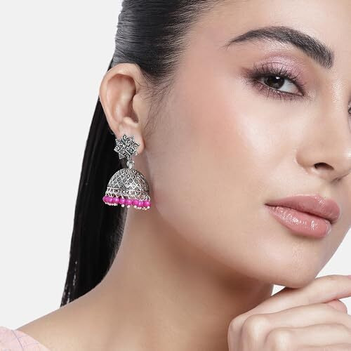 Estele Oxidised Silver Plated Traditional Metal Brass Jhumki With Pink Beads Drop Earrings For Women