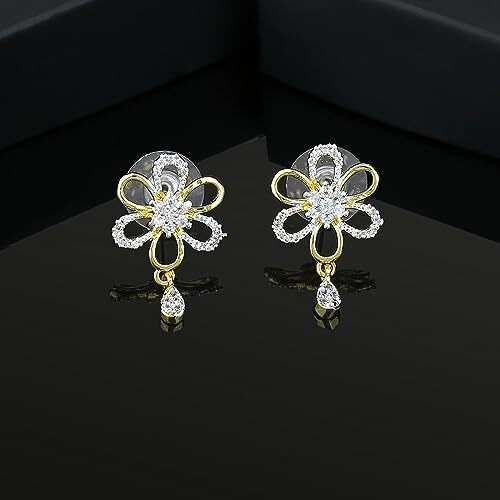 Estele 24 Kt Gold Plated American diamond Flower Drop Earrings For Women