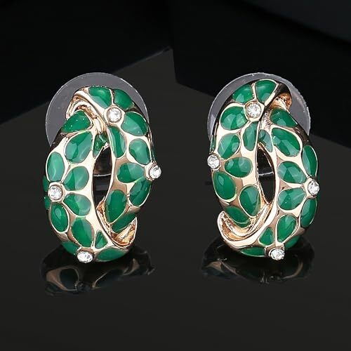 Estele Fashion Jewellery Rose Gold Plated Floral Print Designer Stud Earrings with Green Enamel & Crystals for Girls/Women-702/707 RG-GN ER