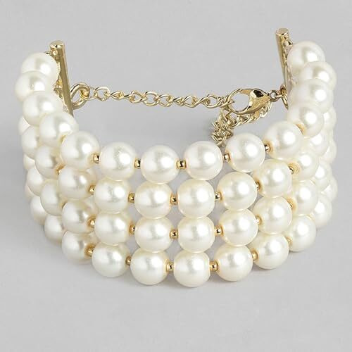 Estele 24kt Gold Plated Four Line White Pearls Bracelet for Women with Lobster Clasp