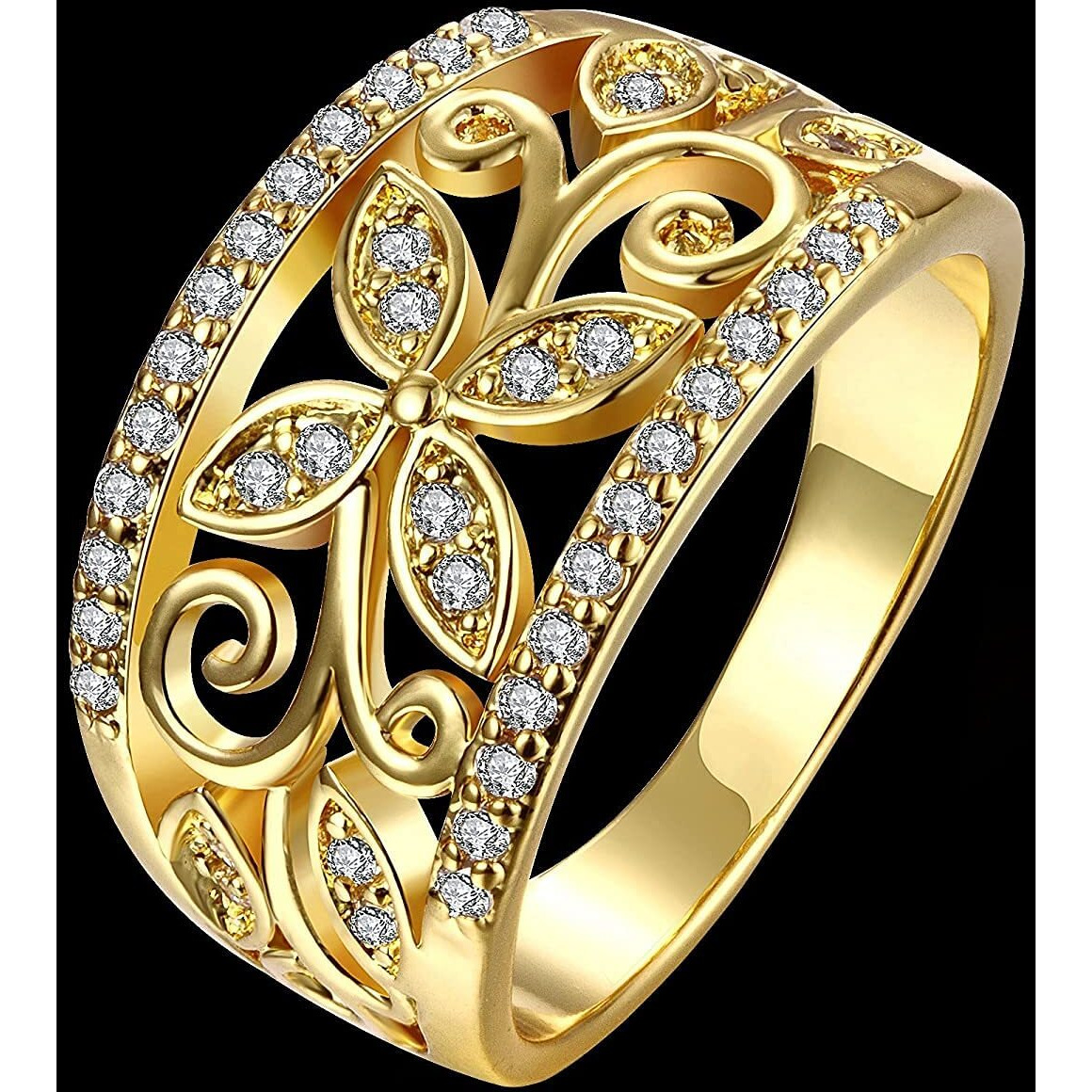 Yellow Chimes Rings for Women Crystal Studded Flower Band Golden Adjustable Ring for Women and Girls.