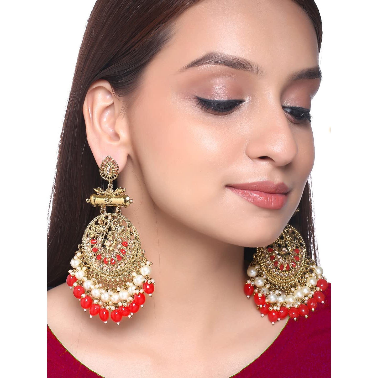 Yellow Chimes Earrings for Women and Girls Kundan Earrings | Red Danglers Earrings for Women Gold Plated Peacock Shaped Long Earrings | Birthday Gift for girls and women Anniversary Gift for Wife