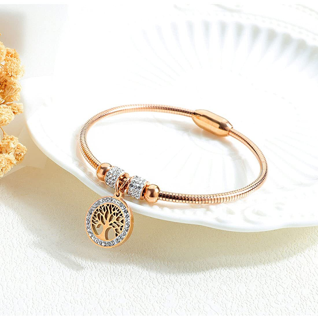 Yellow Chimes Rosegold Bracelet for Women Elegant Stainless Steel Rose Gold Plated Crystal Tree of Life Charm Kada Bracelet for Women and Girls