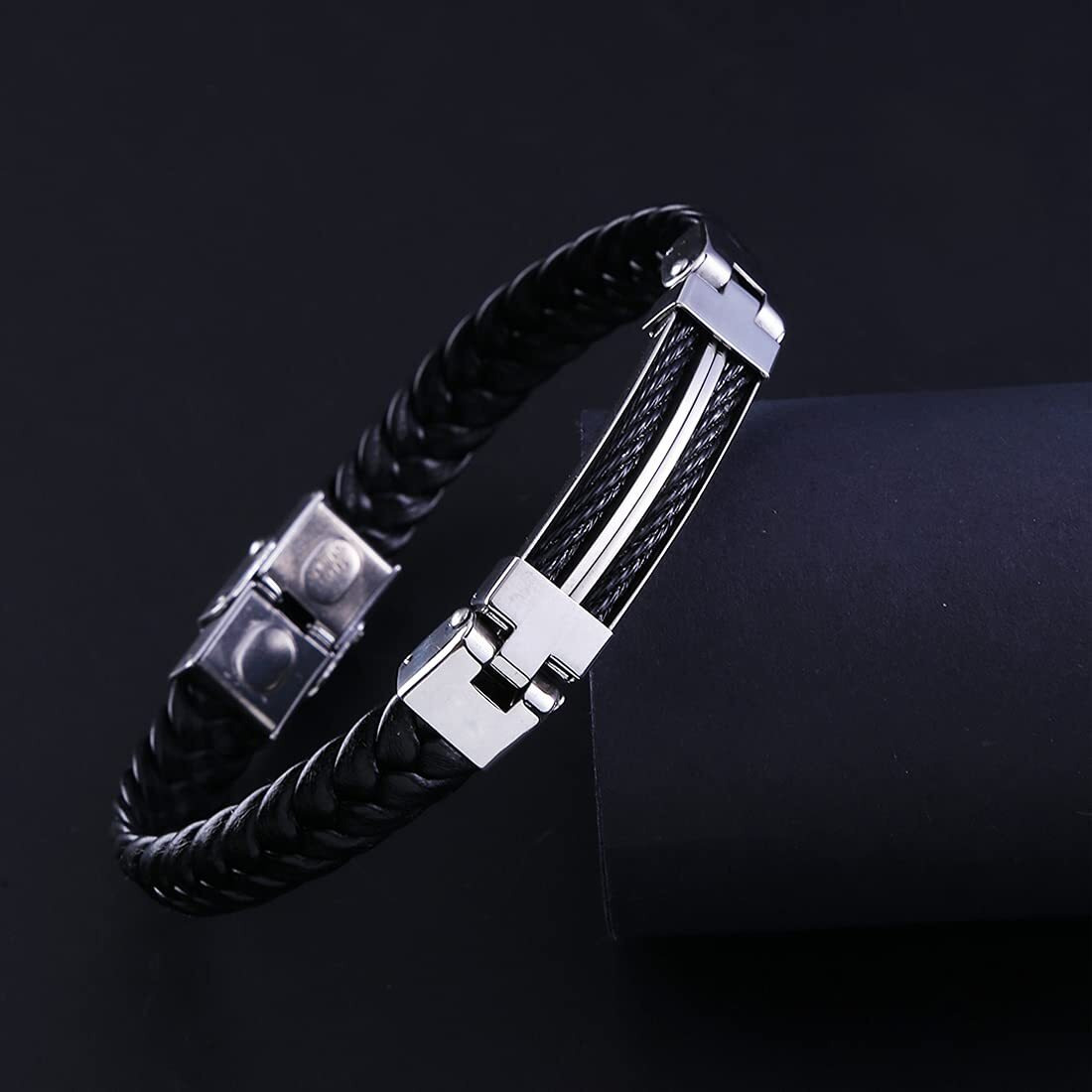 Yellow Chimes Leather Bracelet for Men Black Wrist Bracelet Stainless Steel Black Leather Bracelet for Men and Boys.