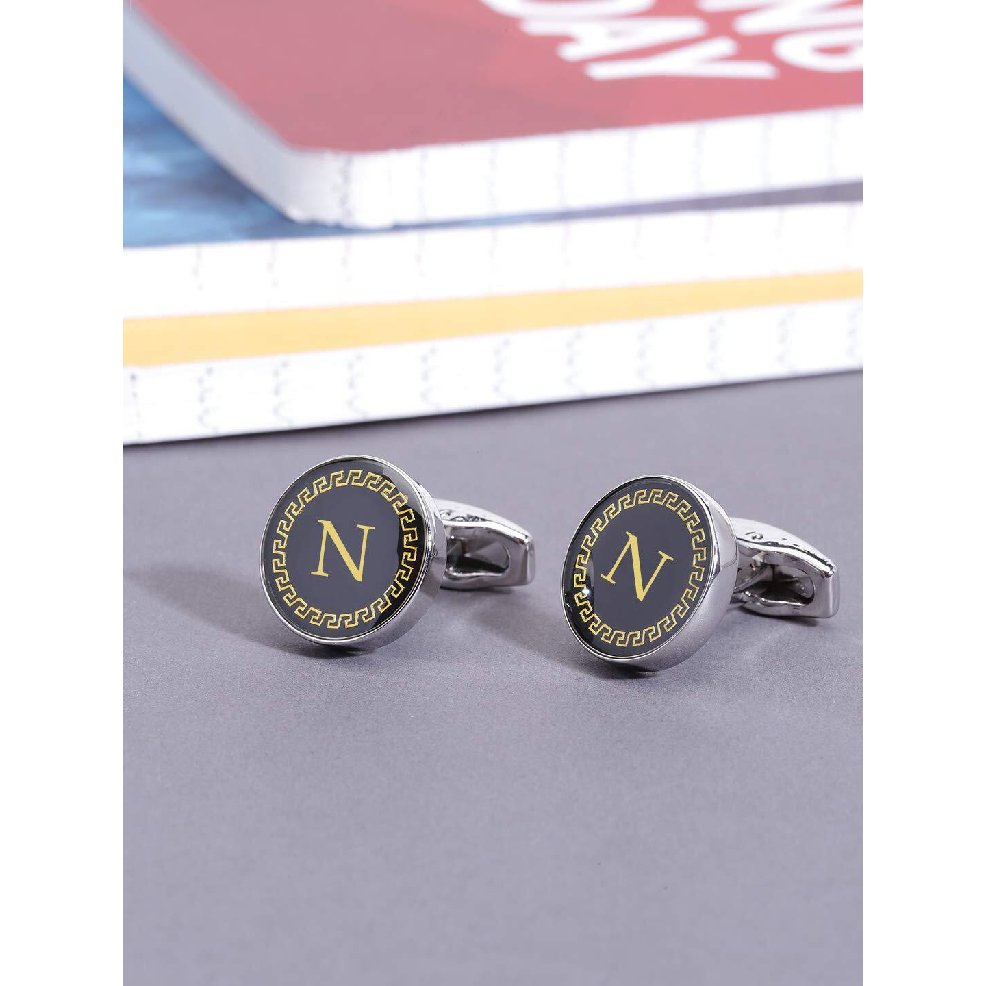 Yellow Chimes Cufflinks for Men Alphabets Cuff links Letter N Statement Stainless Steel Cufflinks for Men and Boys.