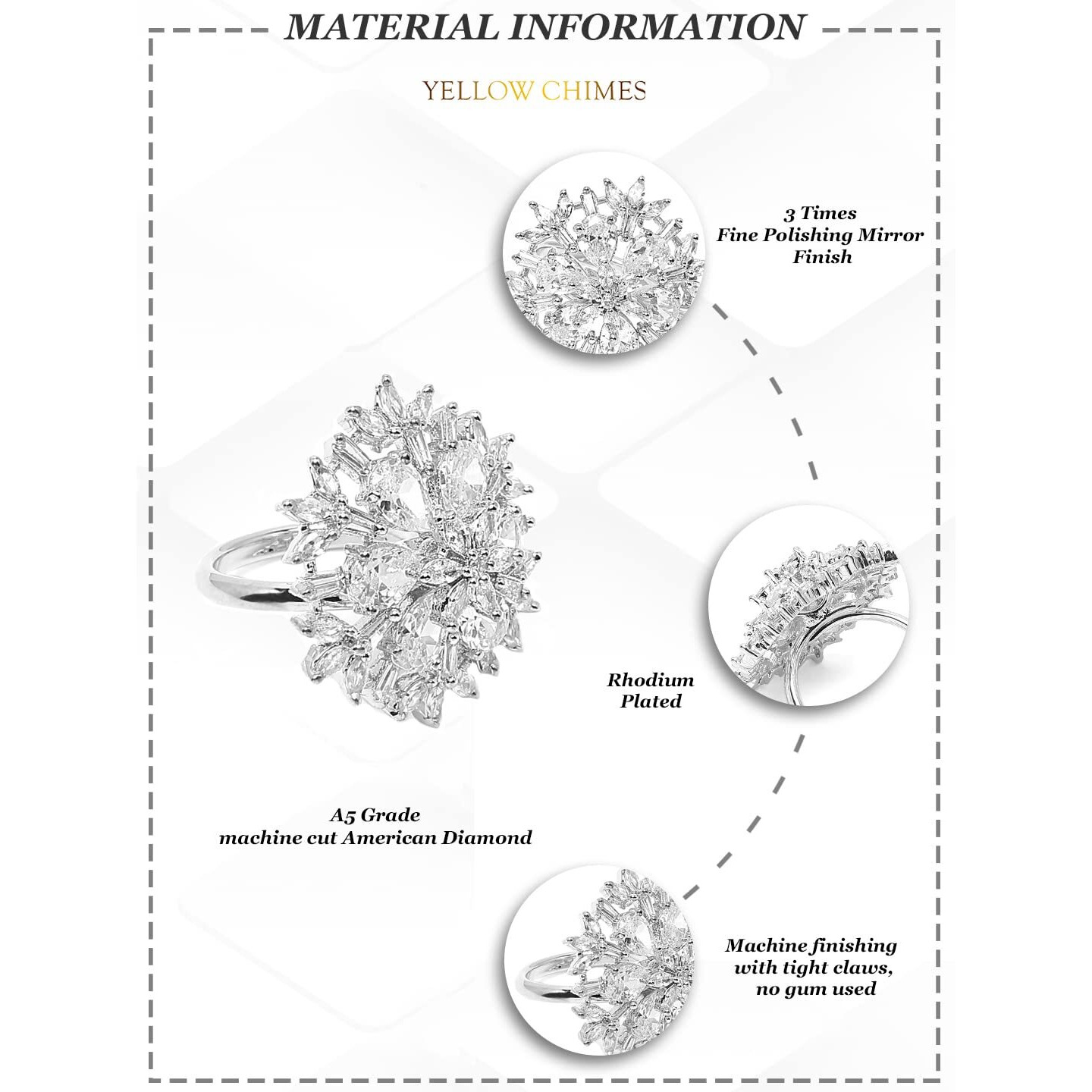 Yellow Chimes Rings for Women American Diamond Ring White AD-Studded Adjustable Floral Finger Ring For Women And Girls (RG 4, Adjustable)