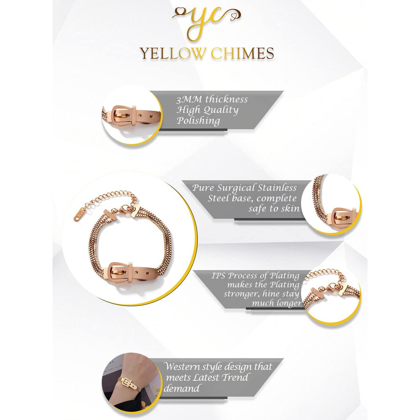 Yellow Chimes Bracelet for Women Rose Gold-Plated Multilayered Tang Belt Design Chain Bracelet For Women and Girls