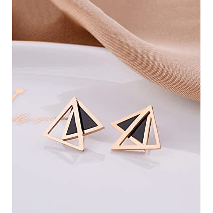 Yellow Chimes Stud Earrings for Women Western Rose Gold Plated Stainless Steel Black Triangular Studs Earrings For Women and Girls