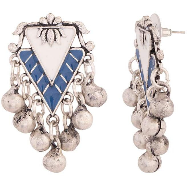 Voylla Silver-Plated Blue Contemporary Oxidised Drop Earrings