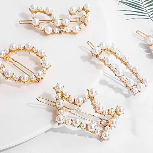 ANNACREATIONS Korean Style Gold Metal Pearl Geometric Stone Lock Hair Pins Hair Clip Hair Accessories Jewellery for Women And Girls (Pack of 6 Pcs)