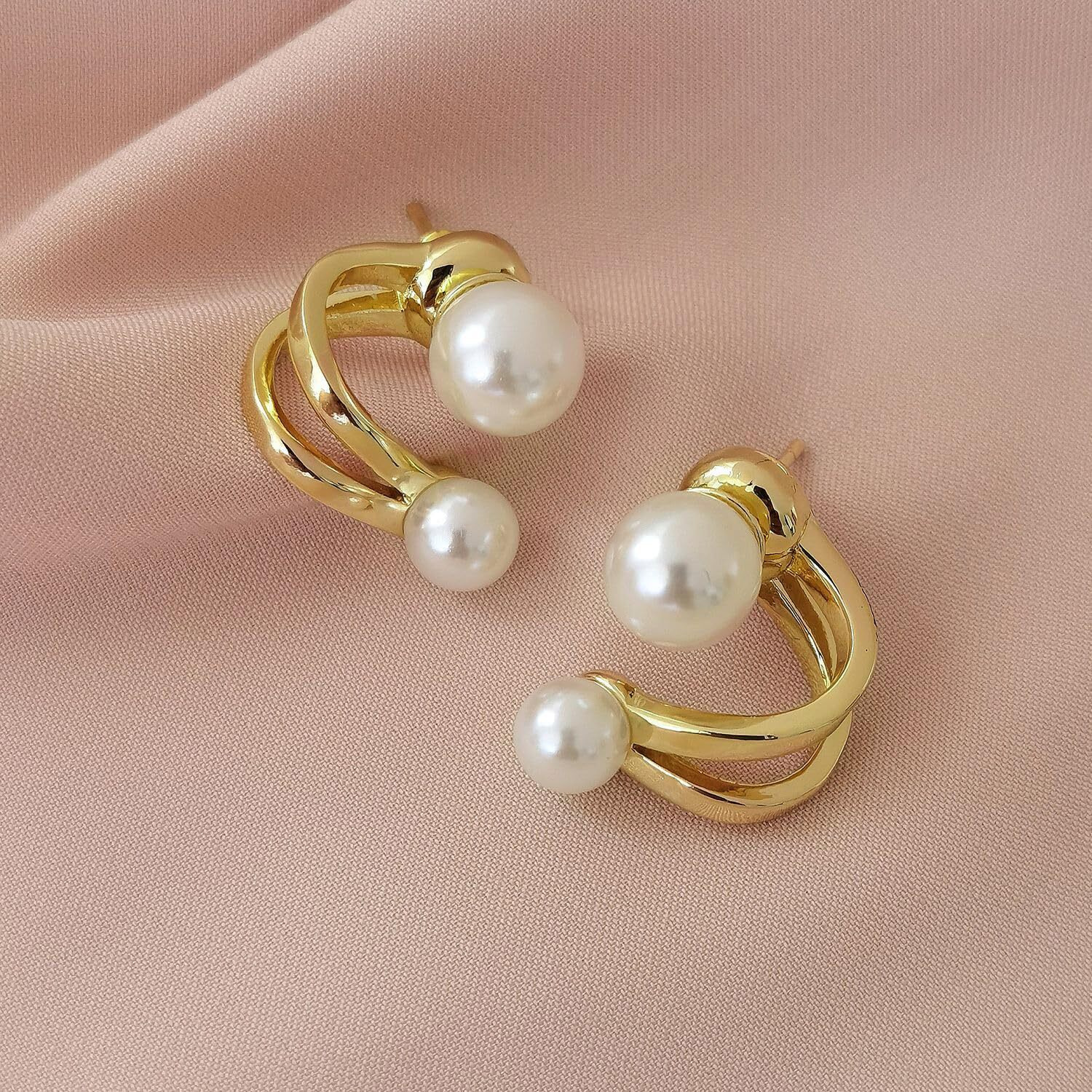 ANNACREATIONS Korean Fashion Style Gold Plated Pearl Stud Earrings For Women & Girls (Set of 1)