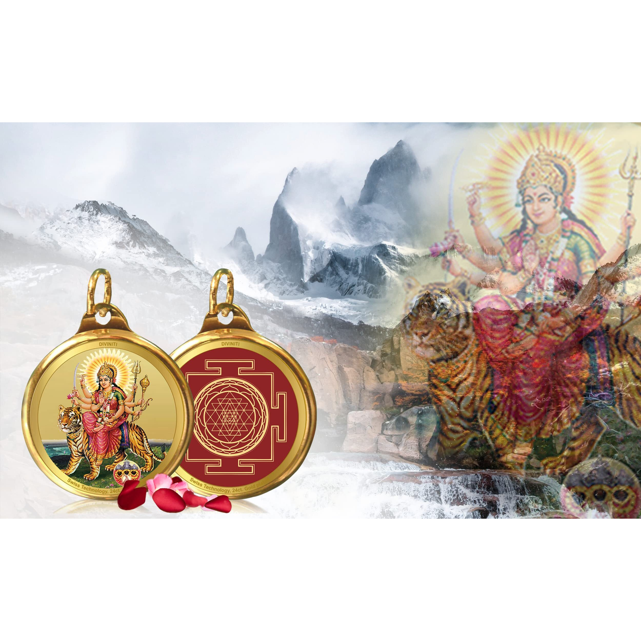 Diviniti 24K Double sided Gold Plated Pendant Maa Durga & Yantra|18 MM Flip Coin for Men Women children |Good Health & Wealth |Idol for gifting loved ones on occasion