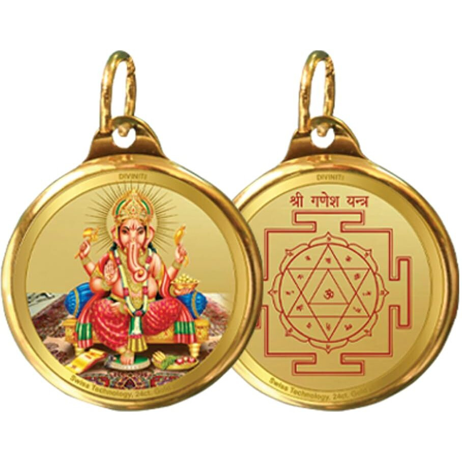 Diviniti 24K Double sided Gold Plated Pendant Ganesha & Yantra|18 MM Flip Coin for Men, Women & Children |Good Health & Wealth | Idol for gifting loved ones on any occasion (1 PCS)