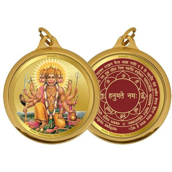 Diviniti 24K Gold Plated Panchmukhi Hanuman ji Pendant for Men, Women and children Religious locket for Health & Wealth gifting love one 18 MM Double sided Daily wearing chain