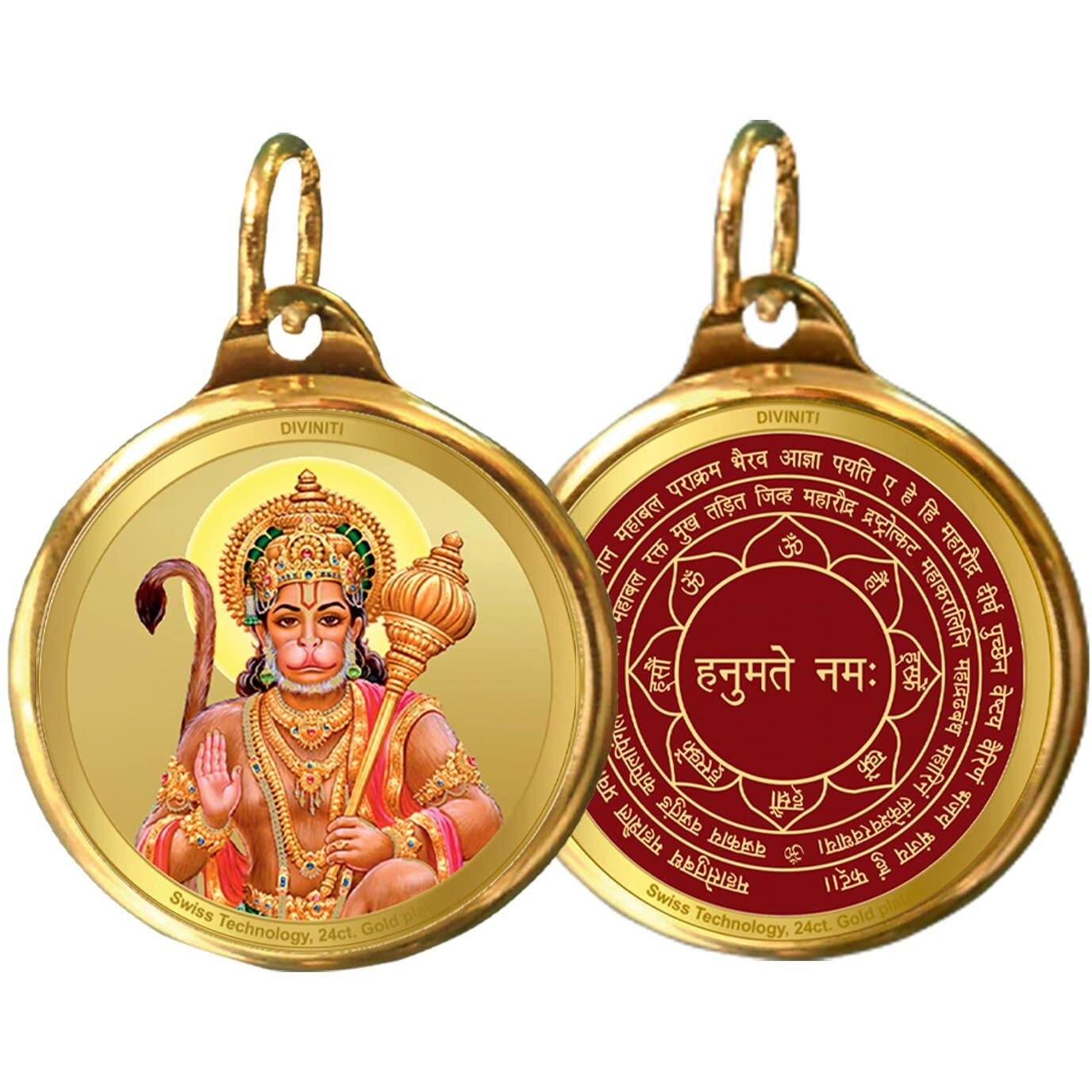 Diviniti 24K Gold Plated Hanuman Ji & Yantra Double Sided Pendant for Showpiece Positive Energy and Protection Religious locket for Health & Wealth Idol for gift love one and Family member18MM